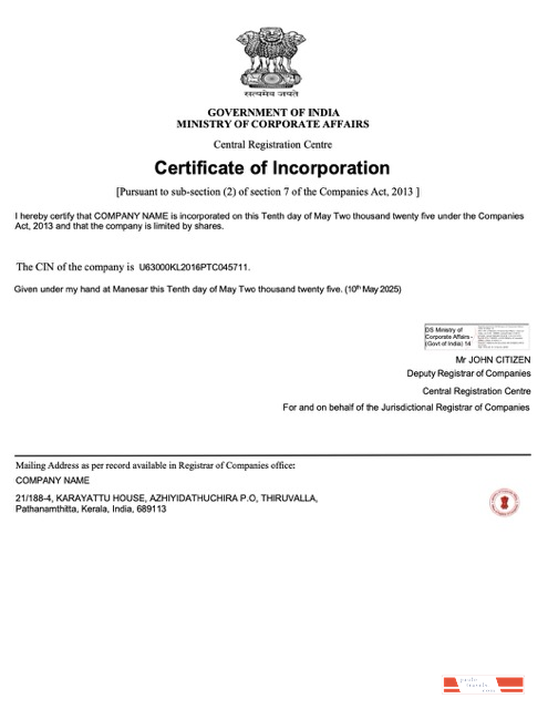India certificate of incorporation Word and PDF template, version 3